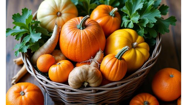 Seasonal fruits and vegetables artfully arranged, suggesting fresh, healthy produce.