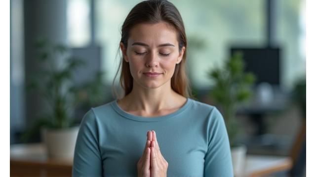 A person calmly practicing deep breathing exercises in a modern office environment, symbolizing stress reduction at work.