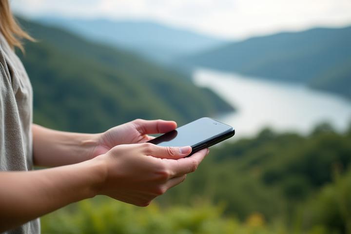 Person admiring a natural landscape while putting away a smartphone, symbolizing digital detox