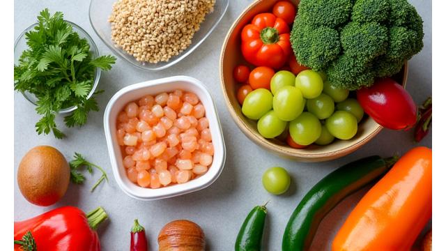 A colorful, healthy meal prep spread with fresh ingredients