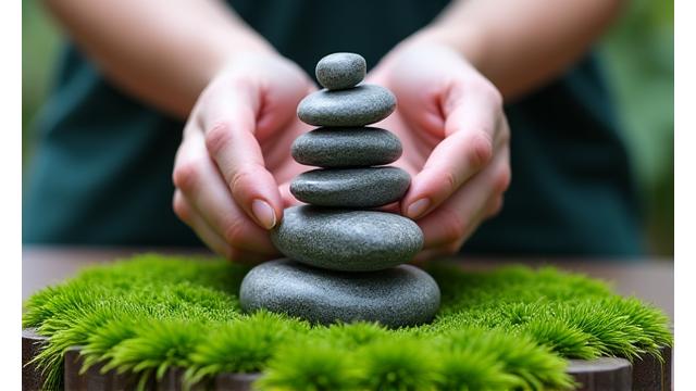 Hands holding smooth river stones on moss, symbolizing calm and meditation