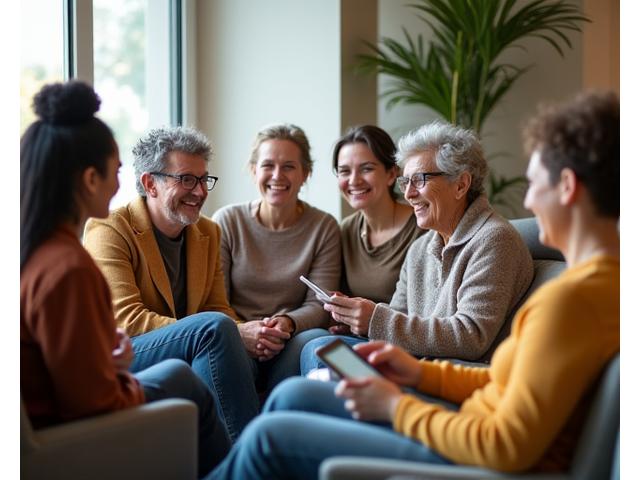 Diverse group of people in an engaging discussion circle, smiling and connecting