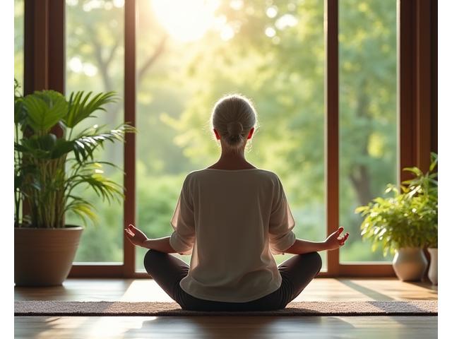 Woman meditating in a serene, natural setting