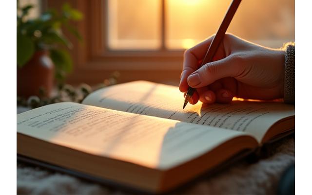 A hand writing in a journal with gentle sunlight, symbolizing reflection and appreciation.