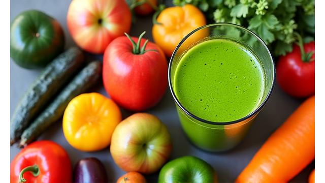 Green smoothie and fresh ingredients, symbolizing holistic nutrition.