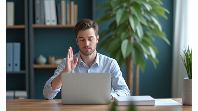 A person calmly reflecting at their desk in a professional, light-filled office, exemplifying workplace mindfulness.