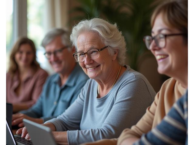 A diverse group of adults smiling and engaging in an online wellness workshop, symbolizing community responsibility.