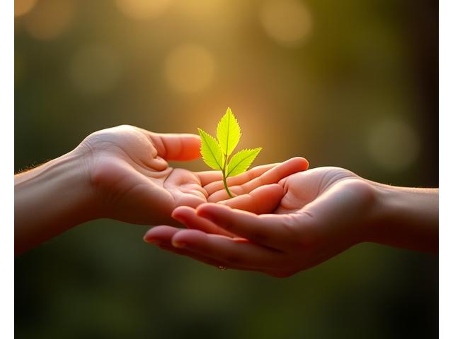 Hands exchanging a small, glowing green leaf, symbolizing wellness support and professional boundaries.