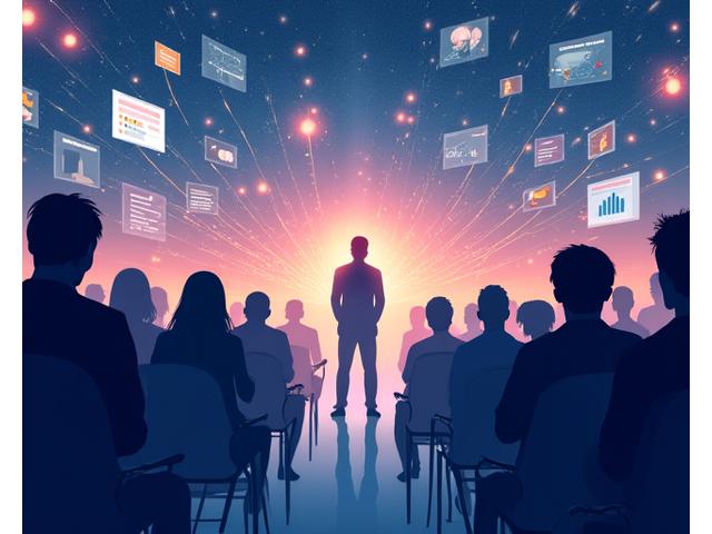 A visual representation of an interactive online workshop, showing a speaker on a screen with participants in small breakout rooms, live chat, and poll results, emphasizing engagement and community.
